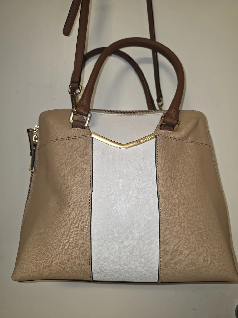 Calvin Klein Beige and White Colorblock Satchel